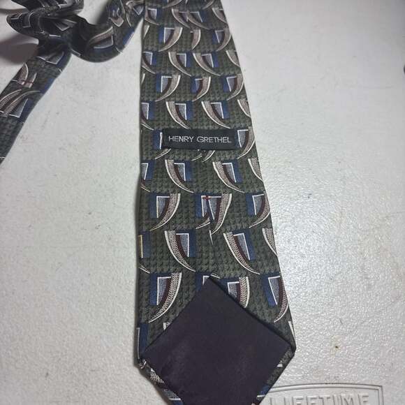 Vintage Textured Geometric Pattern Necktie - Green, Blue, Brown - Picture 4 of 6